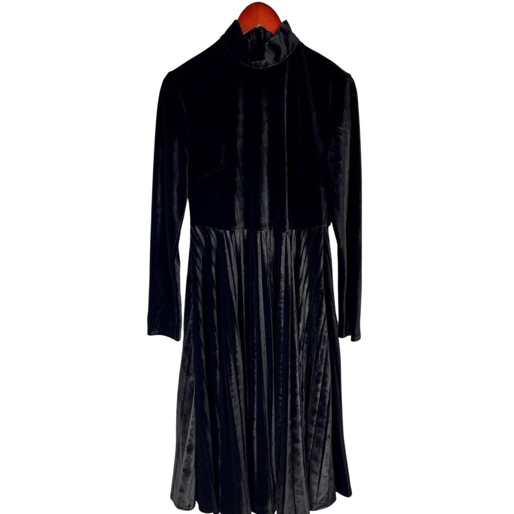 GOLDIE LONDON Women's Black Velvet Long Sleeve Pleated Skirt Dress NWT Small